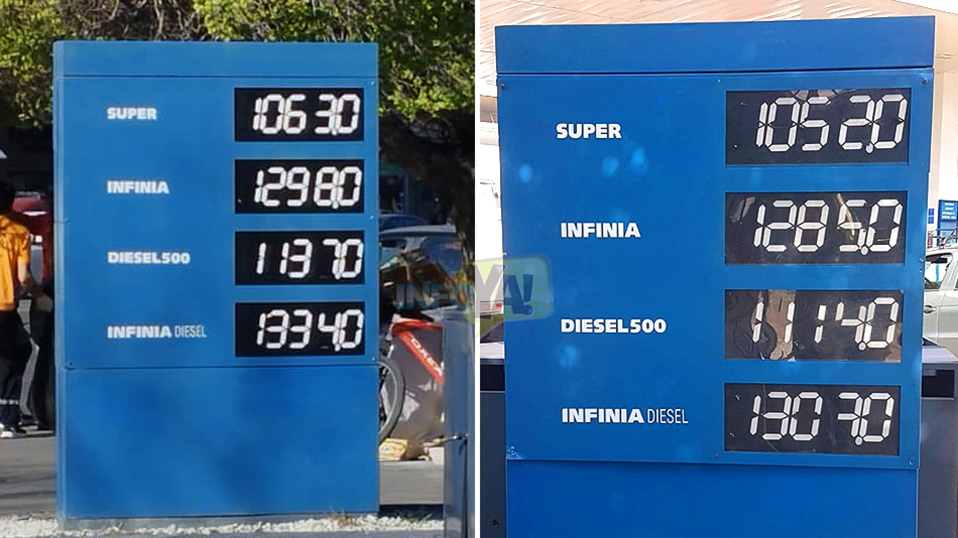 A la izquierda la pizarra con los precios del lunes y a la derecha los valores que se cobran a partir de este martes.