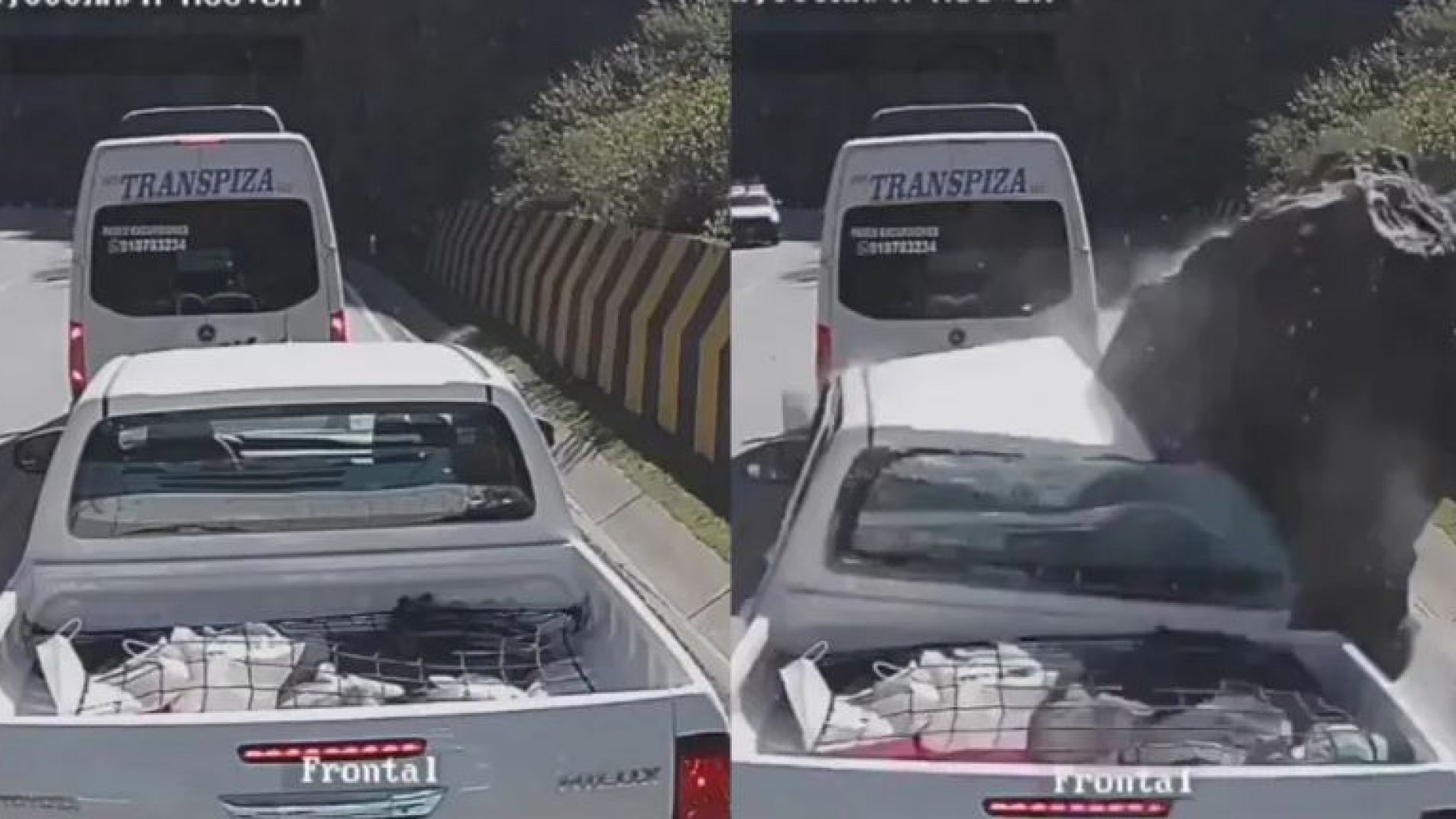 Momento en que la roca golpea la camioneta.