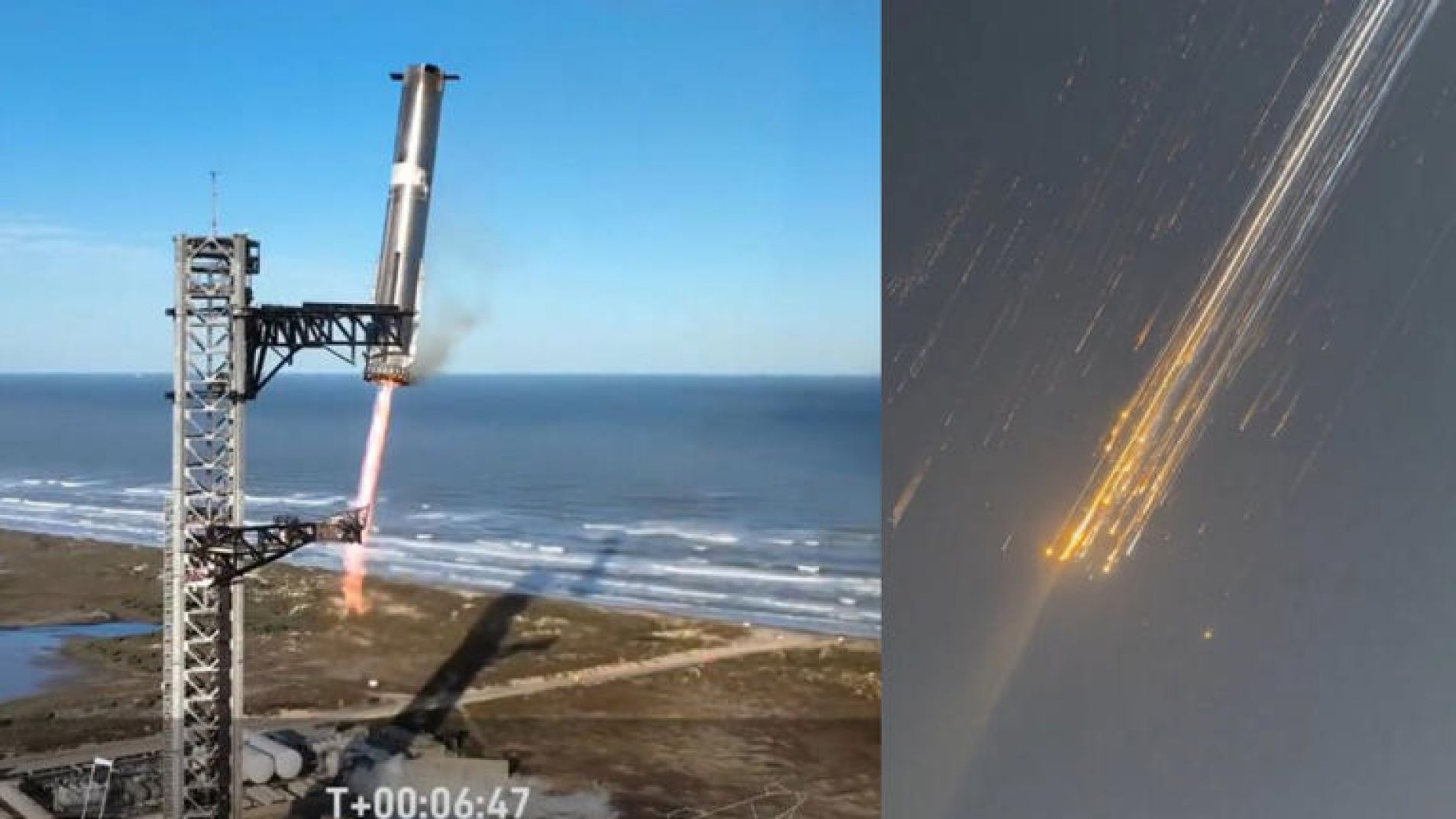 Los dos momentos culminantes de la prueba de vuelo: la atrapada del Superheavy y la desintegración de la Starship.