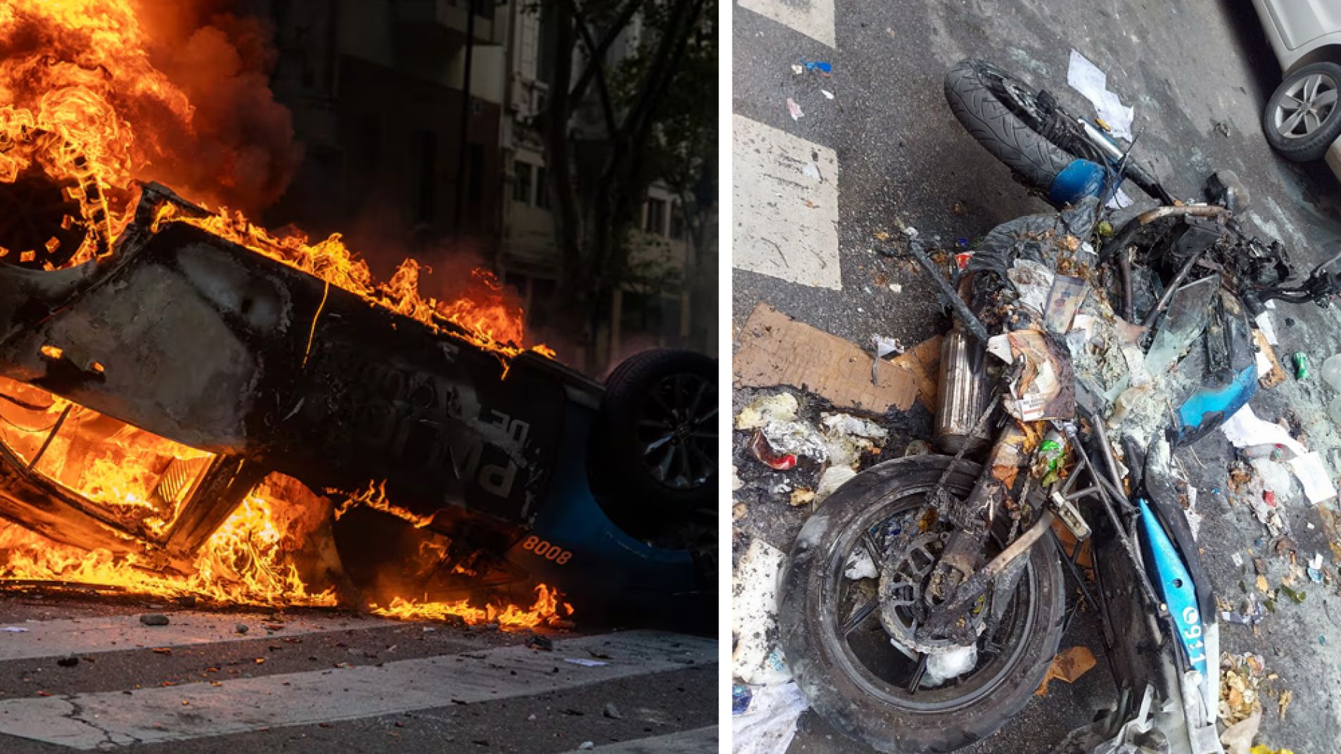 Manifestantes prendieron fuego una moto y un auto de la Policía de la Ciudad