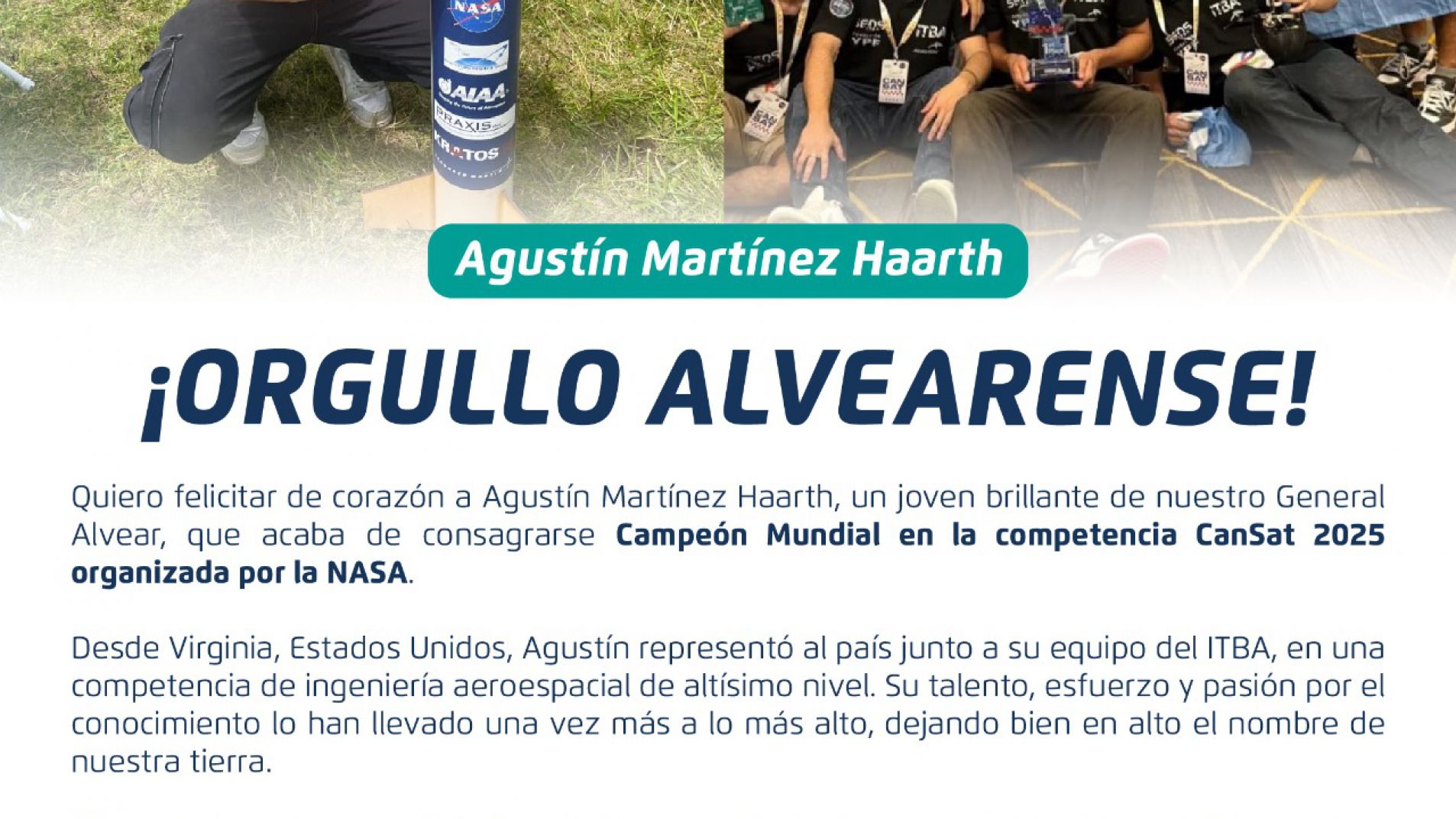 Alvearense campeón mundial en una competencia de la NASA