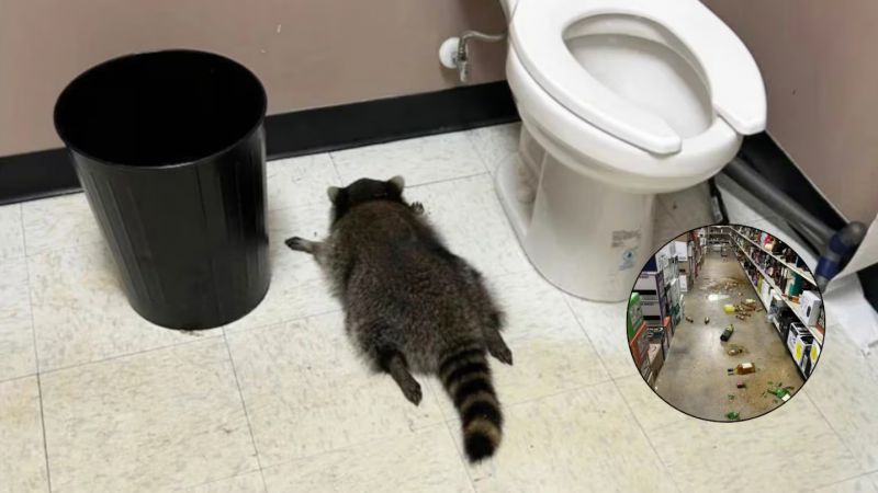 Mapache entró a una licorería y lo encontraron borracho en el baño (Video)
