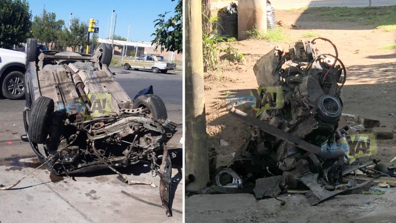 Video: así quedó el auto que chocó y volcó y su motor salió despedido
