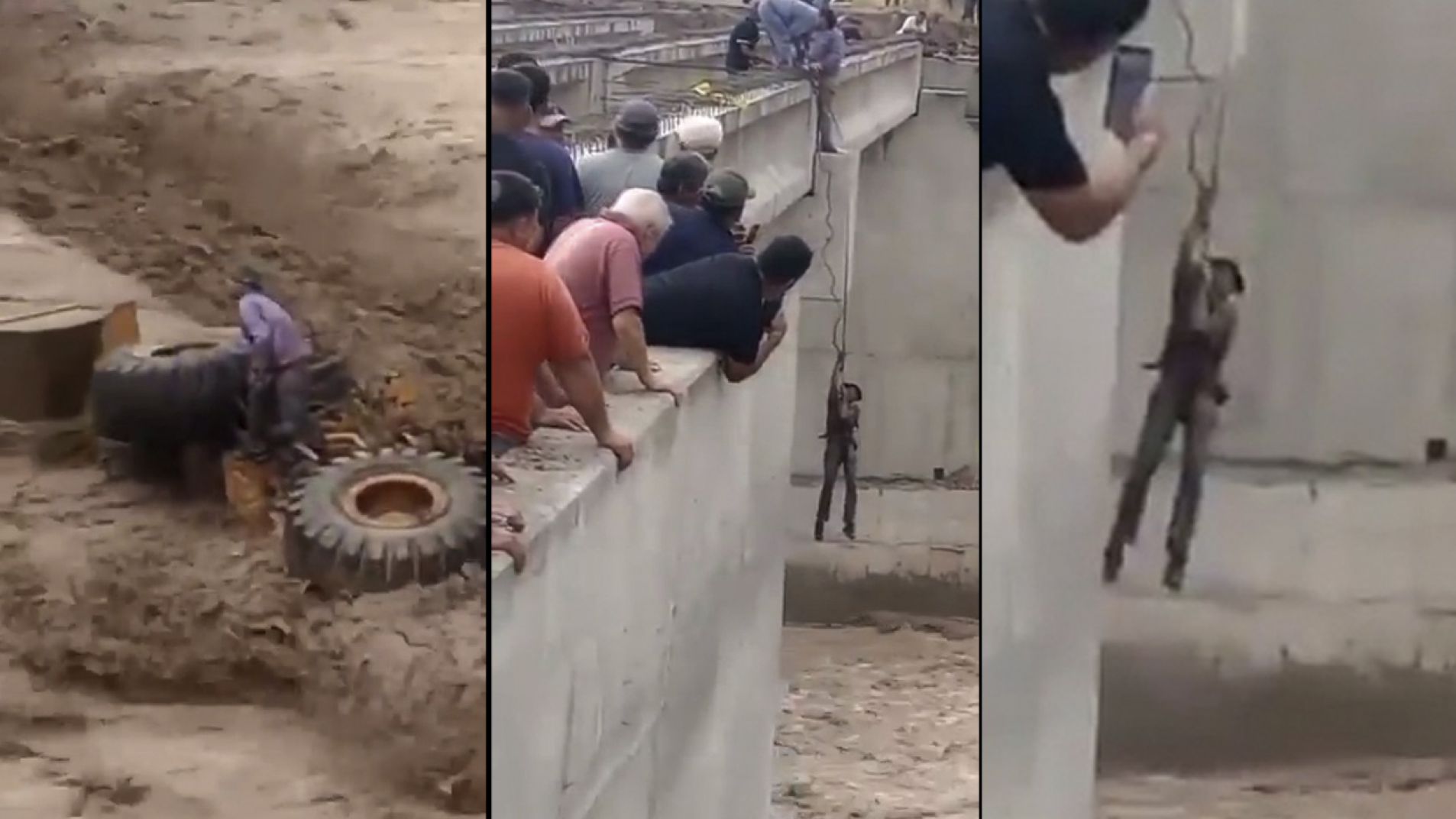 El agua se llevó la topadora y el chofer quedó colgando de una cuerda