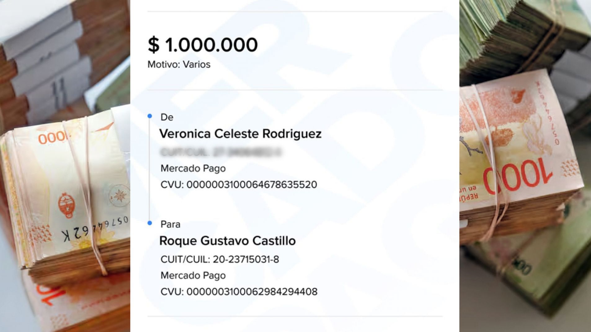 El comprobante de la transferencia realizada desde la cuenta de la tucumana al sanrafaelino.