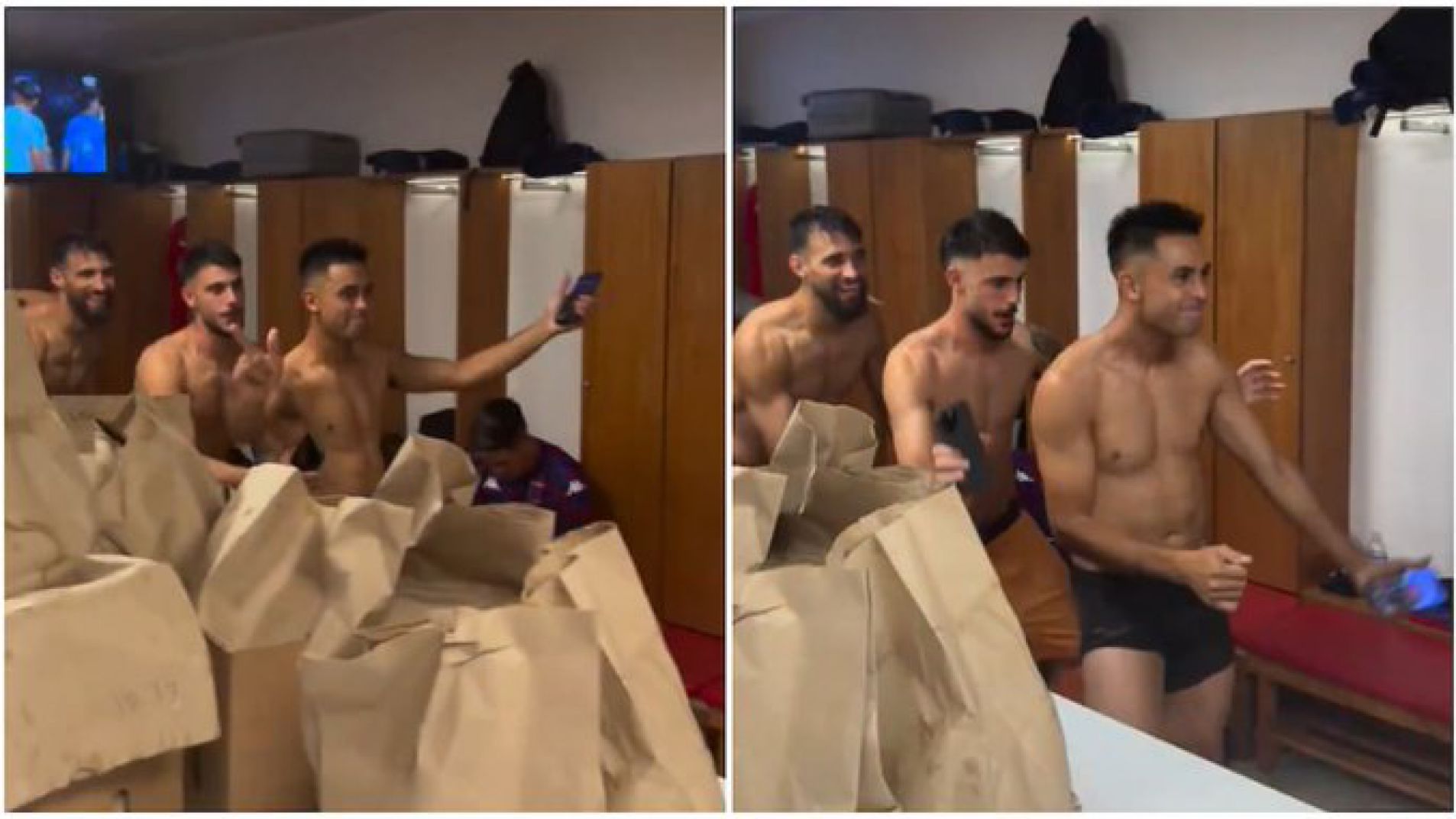 El "Pity" Martínez en un "trencito" con los jugadores de Tigre en el vestuario.