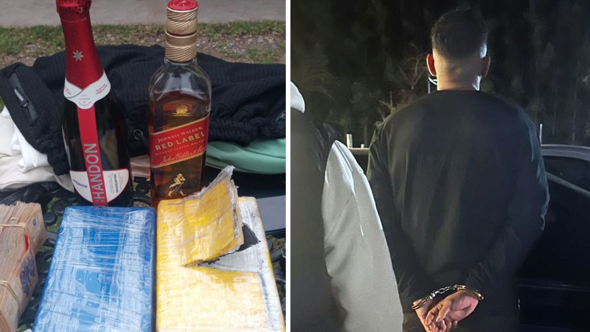 Uno de los detenidos y los dos ladrillos de cocaína secuestrados.