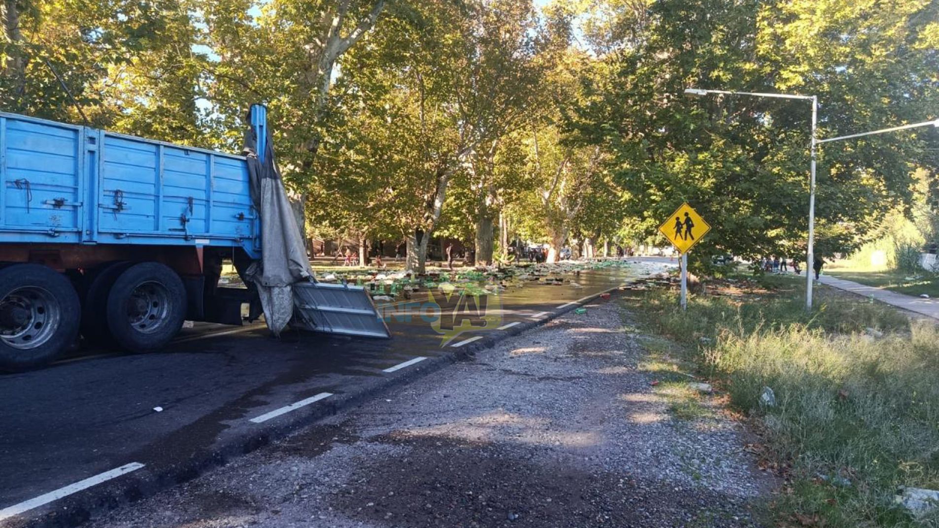 Las botellas de gaseosas quedaron desparramadas sobre la ruta.