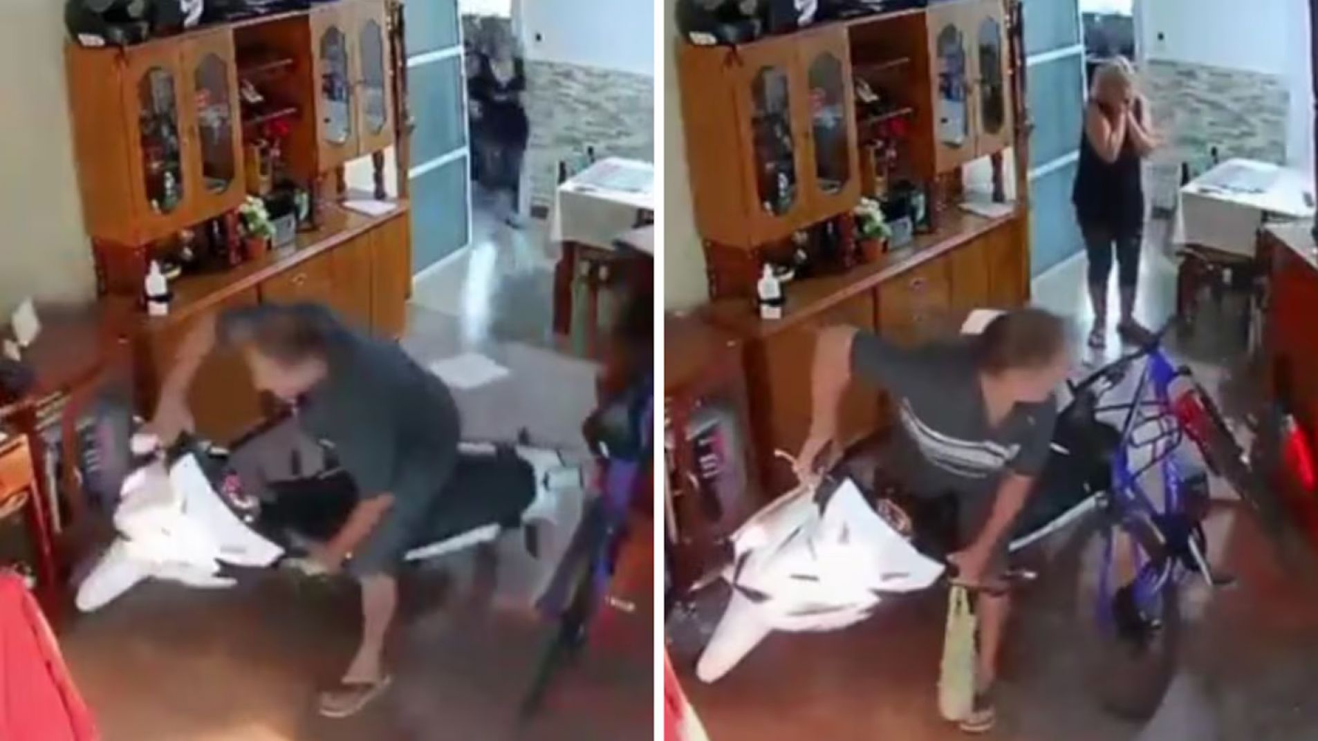 Perdió el control de su moto, entró a su casa y destruyó el living (Video)