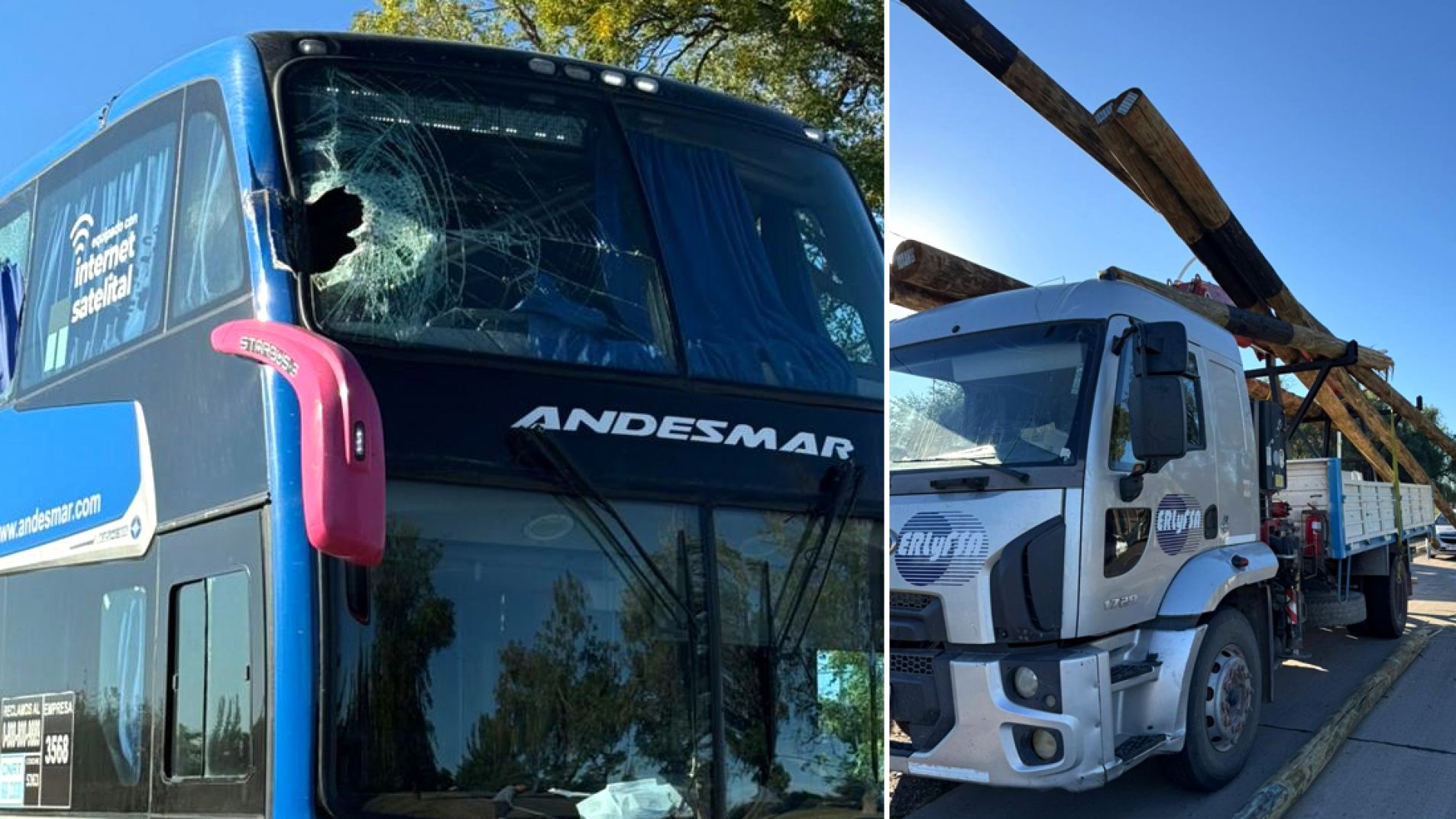 Un micro intentó sobrepasar a un camión y se tragó un poste de la carga