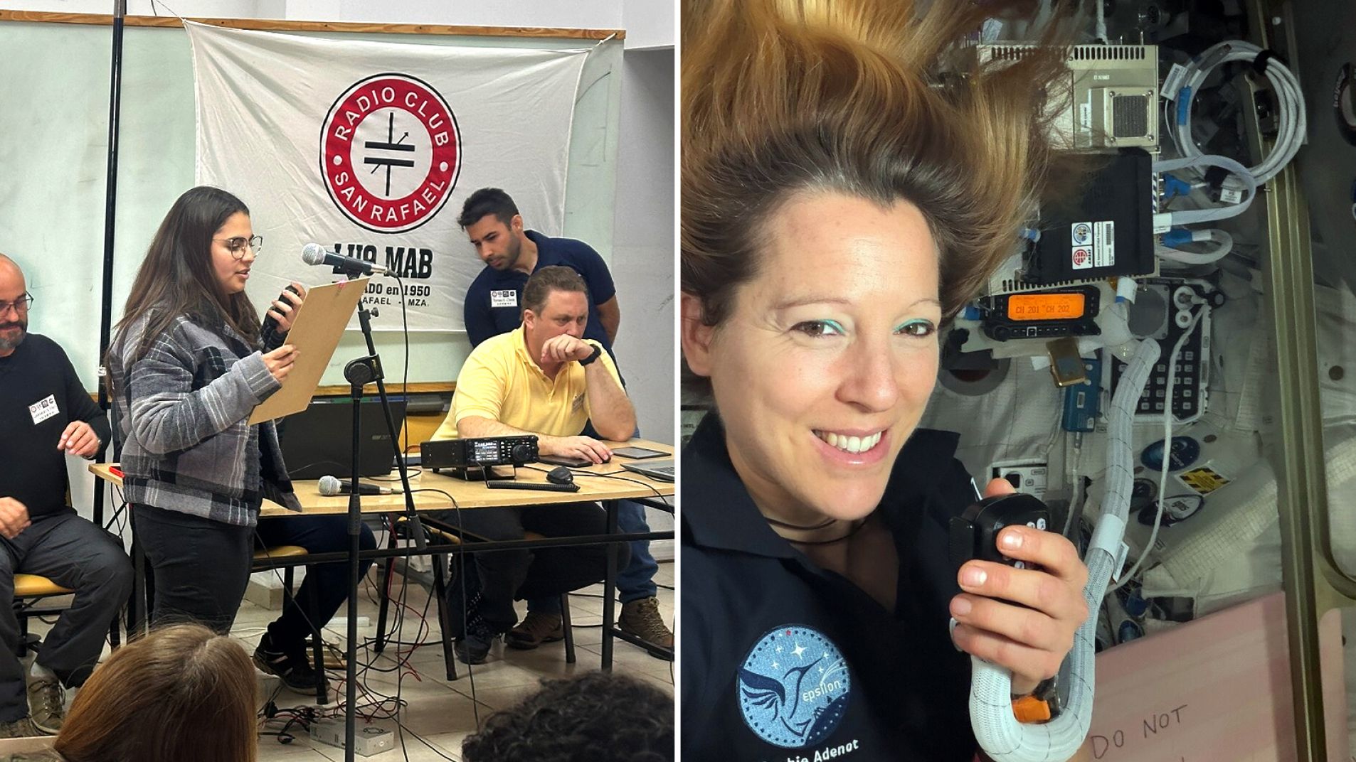 Una de las alumnas que hizo preguntas y la astronauta Sophie Adenot.