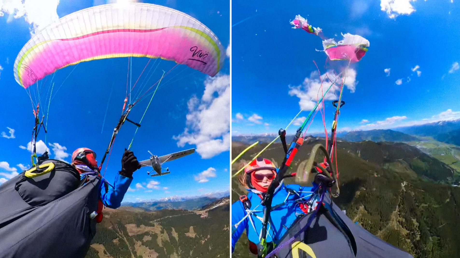 La avioneta destrozó el parapente y la mujer accionó el paracaídas de emergencia.